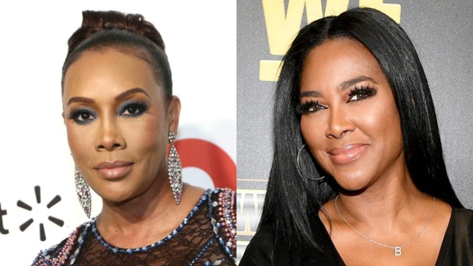 The beef between actress Vivica A. Fox (left) and reality TV star Kenya Moore (right) reportedly begun when they competed on “The Celebrity Apprentice” in 2015 is said to be over. (Photos by Tommaso Boddi/Getty Images for IMDb and Paras Griffin/Getty Images WE tv)