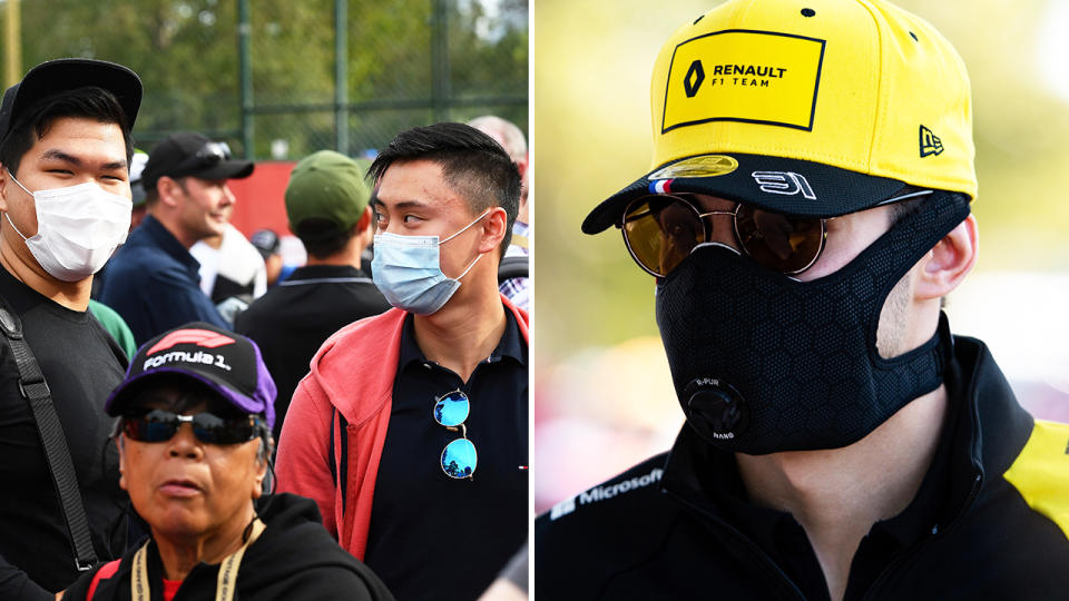 Esteban Ocon and fans, pictured here wearing masks at the Australian Grand Prix.