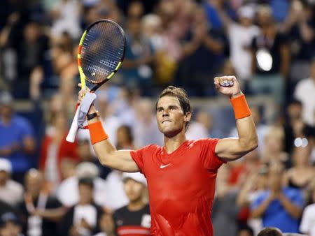 Aug 8, 2018; Toronto, Ontario, Canada; Rafael Nadal (ESP) celebrates a win over Benoit Paire (not pictured) in the Rogers Cup tennis tournament at Aviva Centre. John E. Sokolowski-USA TODAY Sports