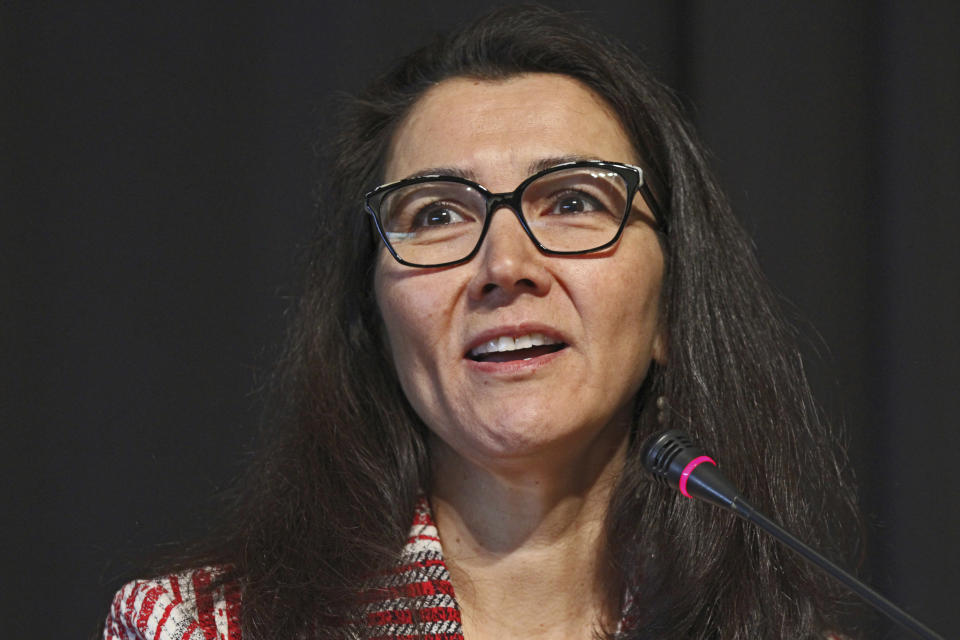 FILE - Mary Peltola, a Democrat seeking the sole U.S. House seat in Alaska, speaks during a forum for candidates, Thursday, May 12, 2022, in Anchorage, Alaska. Peltola advances to a special election for Alaska's only U.S. House seat, set for Aug. 16, 2022, along with Republicans Sarah Palin and Nick Begich, and independent Al Gross. (AP Photo/Mark Thiessen, File)