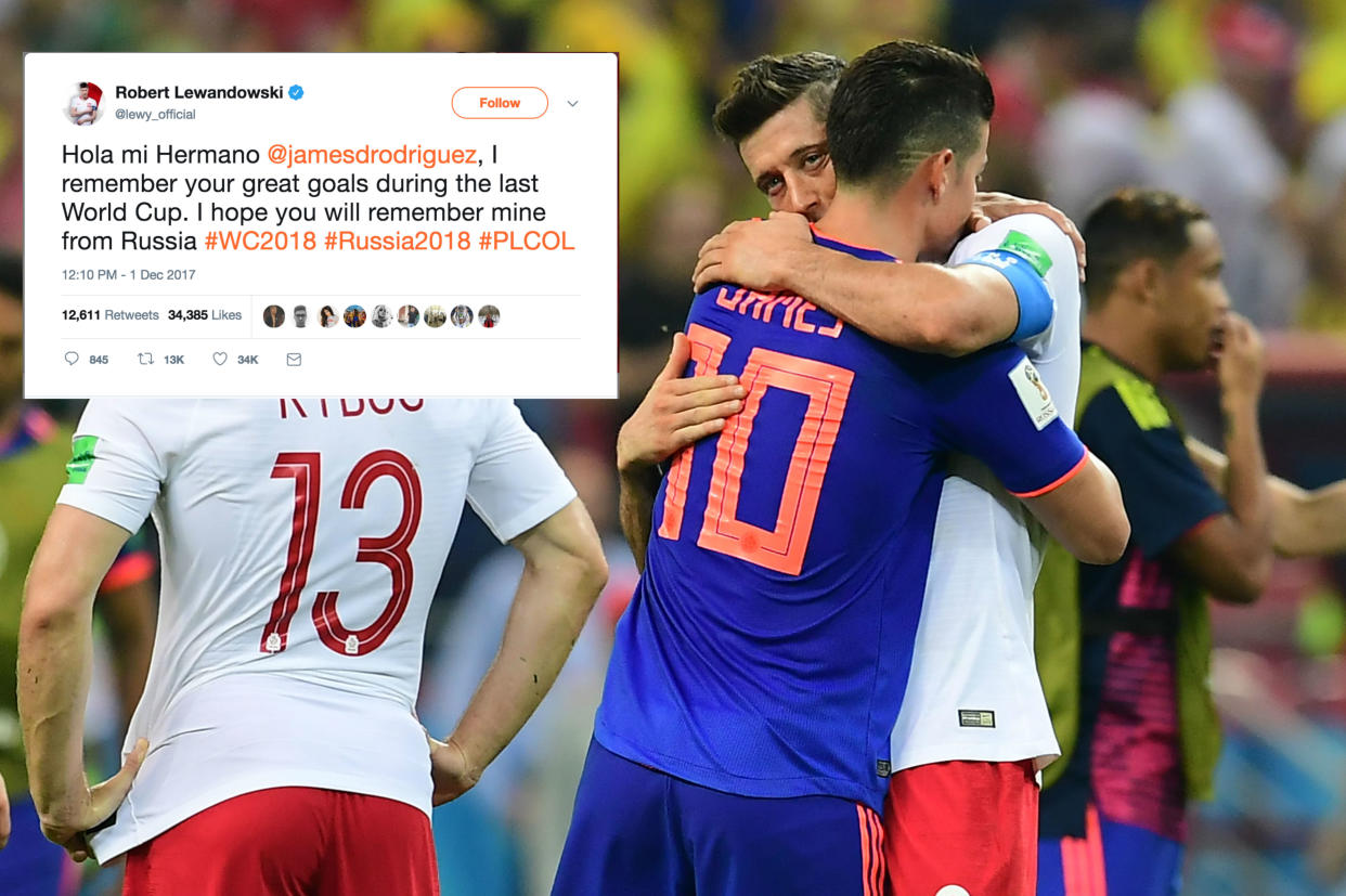 James y Lewandowski se abrazan tras el Colombia-Japón en Rusia 2018. | Foto: Getty