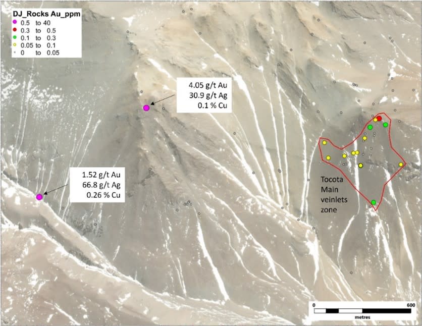 Location of new anomalous samples with respect to the main veinlets zone of Tocota