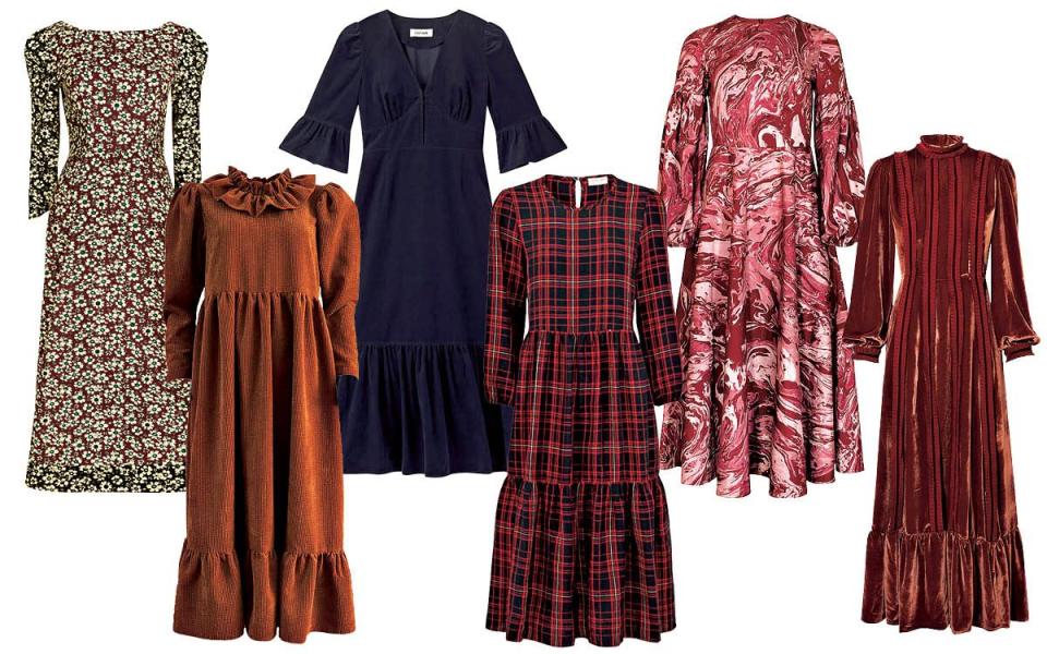 From left to right: floral dress (£425, Eponine London); rust-coloured dress (£255, Johanna Sands); navy dress (£290, Cefinn); tartan dress (£295, Justine Tabak); marble-effect dress (£285, Manimekala); red dress (£450, Lisou)