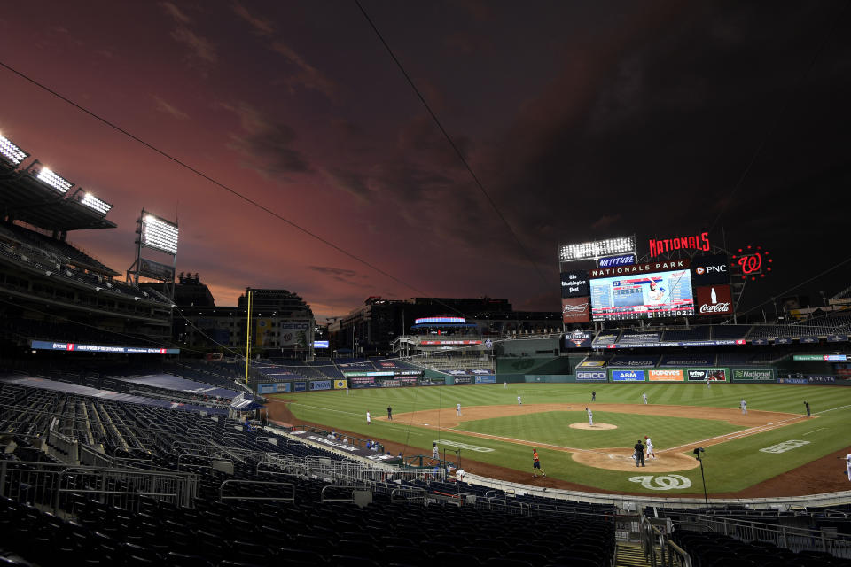 The Washington Nationals compete against the Toronto Blue Jays during the eighth inning of a baseball game, Tuesday, July 28, 2020, in Washington. (AP Photo/Nick Wass)