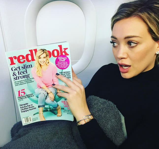 <p>Hilary Duff made sure to pack the perfect reading material for her flight. “H<span>ey did you see who’s on the cover of @redbookmag this month? ME!!” she wrote. (Photo: <a rel="nofollow noopener" href="https://www.instagram.com/p/BAjx_M4NTaX/" target="_blank" data-ylk="slk:Hilary Duff via Instagram;elm:context_link;itc:0;sec:content-canvas" class="link ">Hilary Duff via Instagram</a>)</span> </p>