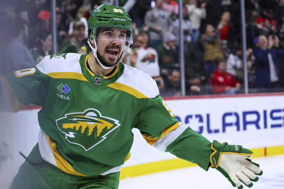 Minnesota Wild left wing Marcus Johansson celebrates his goal against the Detroit Red Wings during the second period of an NHL hockey game Wednesday, Dec. 27, 2023, in St. Paul, Minn. (AP Photo/Matt Krohn)