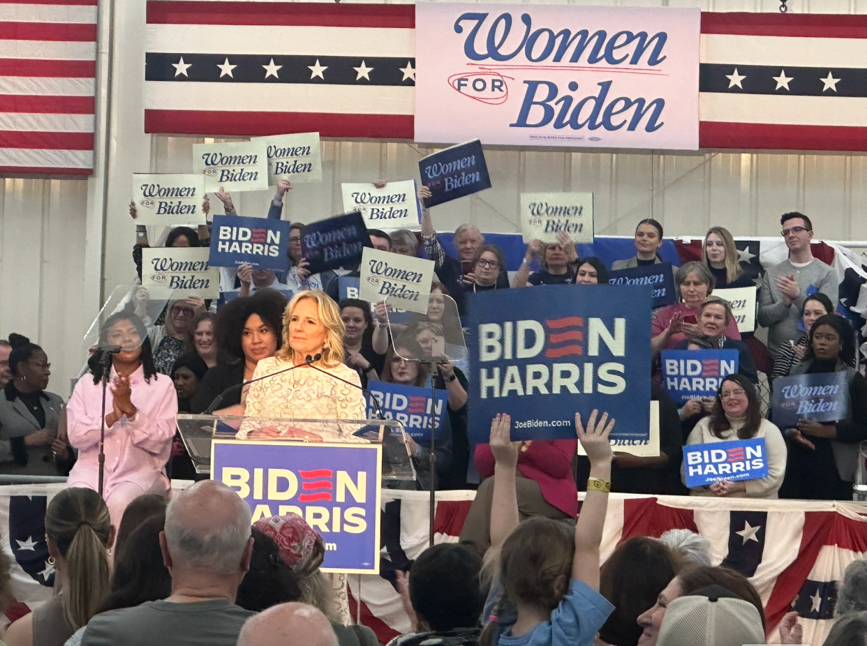 First Lady Jill Biden speaks at the Waukesha County Expo Center on Sunday, March 3, 2024. She highlighted abortion and health care access before a crowd of about 100 women voters.