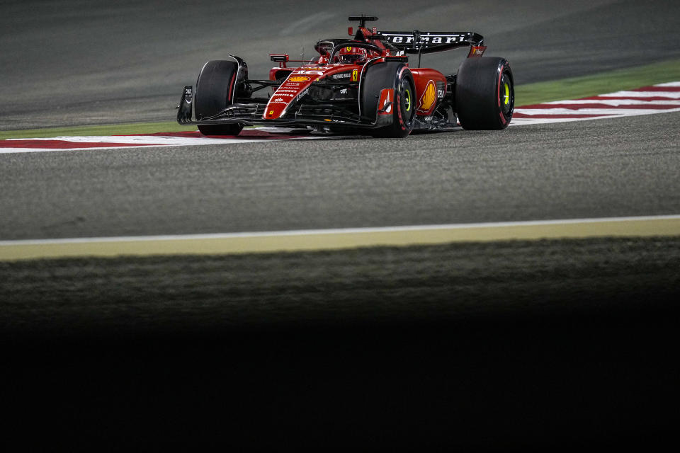 Ferrari driver Charles Leclerc of Monaco steers his car during the Formula One Bahrain Grand Prix at Sakhir circuit, Sunday, March 5, 2023. (AP Photo/Ariel Schalit)