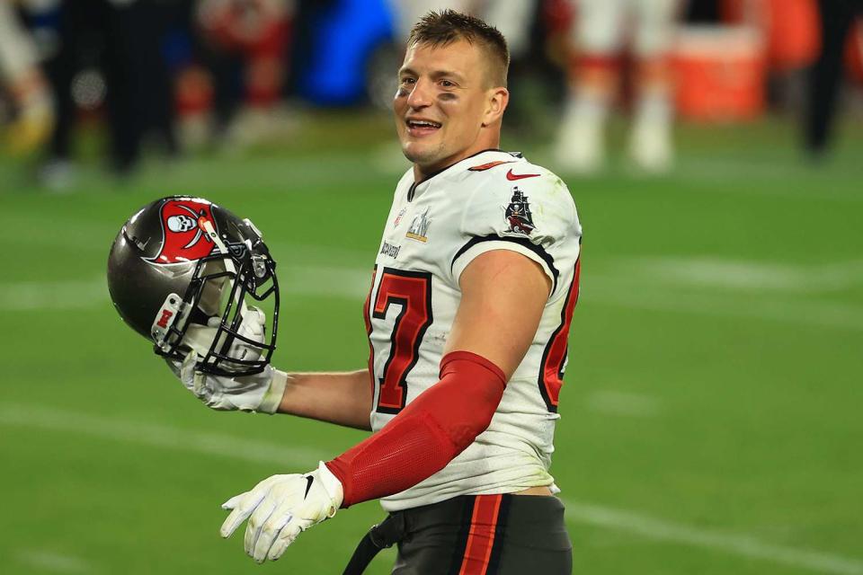 Rob Gronkowski #87 of the Tampa Bay Buccaneers reacts after defeating the Kansas City Chiefs in Super Bowl LV at Raymond James Stadium on February 07, 2021 in Tampa, Florida. The Buccaneers defeated the Chiefs 31-9.