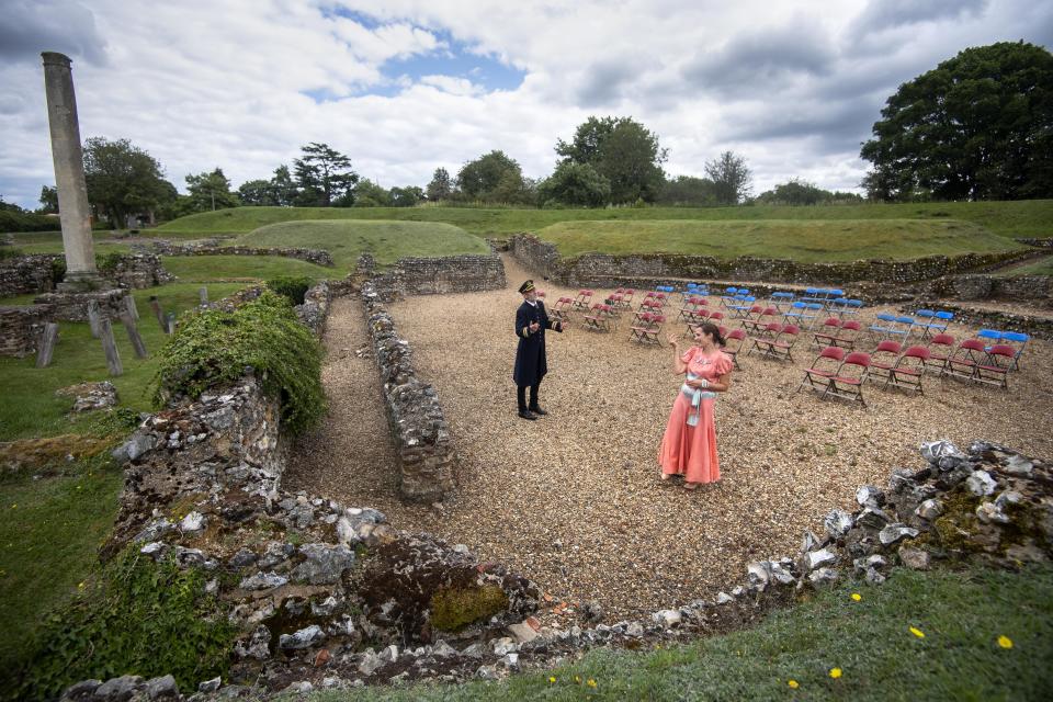 Actors Will Forester and Emma Wright rehearse in the open air theatre (Victoria Jones/PA)