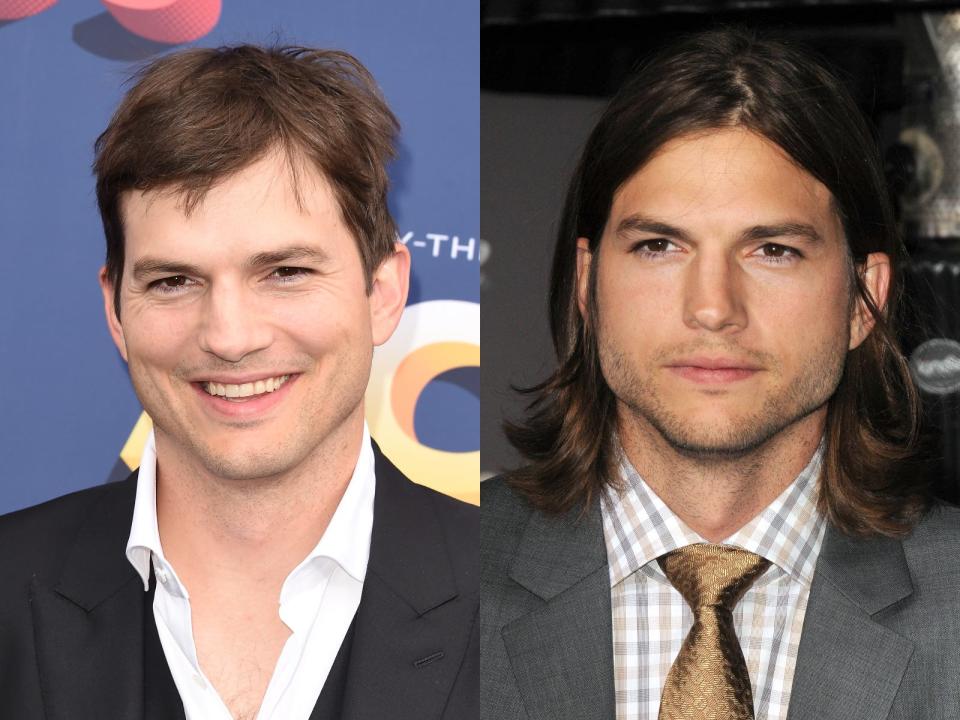 ashton kutcher with short hair on the left and long hair on the right