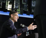 Seattle Sounders majority owner Adrian Hanauer talks to reporters, Tuesday, Aug. 13, 2019, in Seattle. Hanauer said Tuesday that the MLS soccer team is adding Seattle Seahawks NFL football quarterback Russell Wilson and his wife Ciara, hip-hop artist Macklemore, and Microsoft CEO Satya Nadella to the MLS club's ownership group, along with other investors. Hollywood producer Joe Roth, who helped bring the MLS to Seattle, is leaving the franchise. (AP Photo/Ted S. Warren)