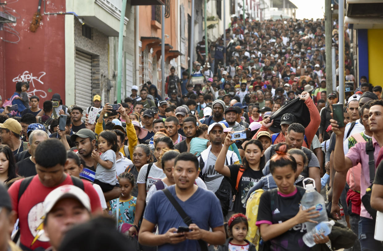 Migrants start walking north on their way to Mexico City from Tapachula, Chiapas state, Mexico, Sunday, April 23, 2023.(AP Photo/Edgar Hernandez Clemente)