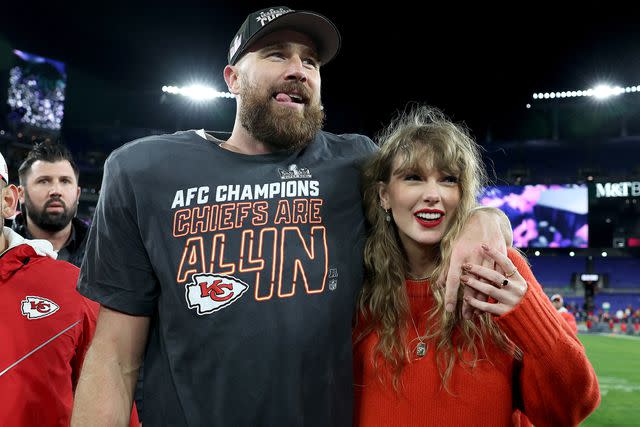 <p>Patrick Smith/Getty </p> Travis Kelce and Taylor Swift