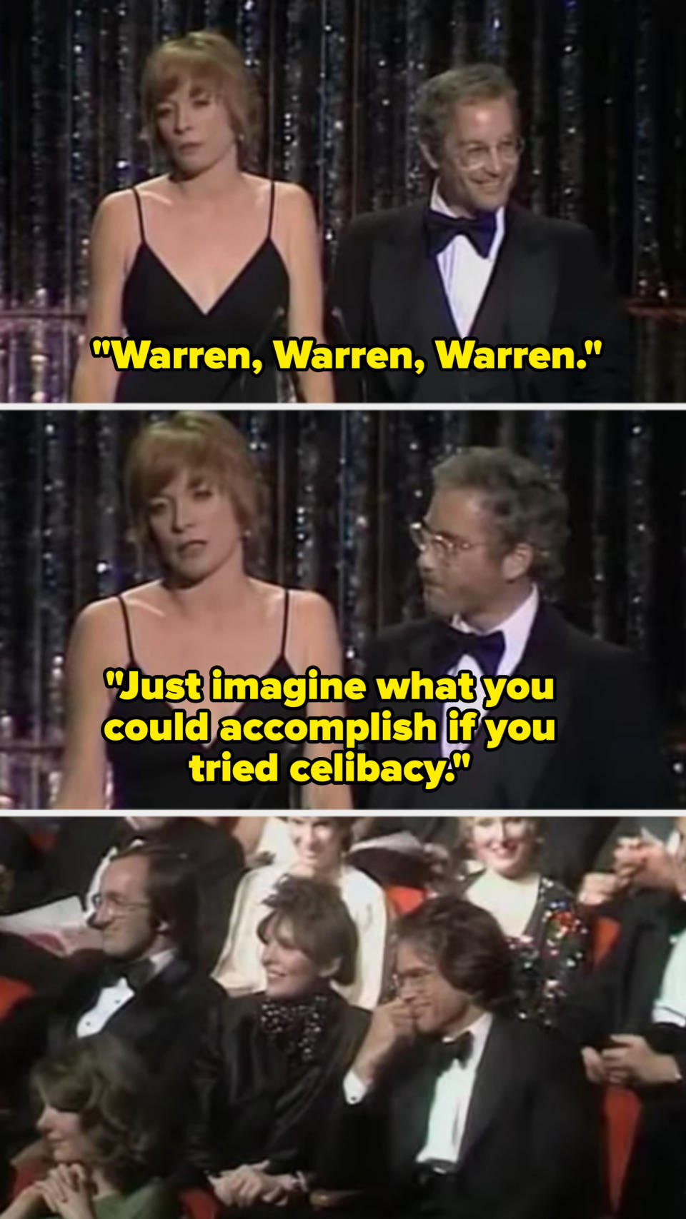 Three images from an award ceremony show Liza Minnelli in a black dress and Dudley Moore in a tuxedo presenting and sitting in the audience