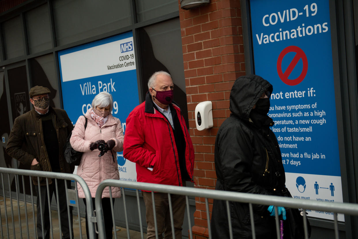 BIRMINGHAM, ENGLAND - FEBRUARY 04: Members of the public arrive at the new seven day vaccination centre at Villa Park on February 04, 2021 in Birmingham, England. The Villa Park vaccination centre, home of Aston Villa football club, is expected to deliver approximately 1,500 doses to the public everyday. (Photo by Jacob King - Pool/Getty Images)