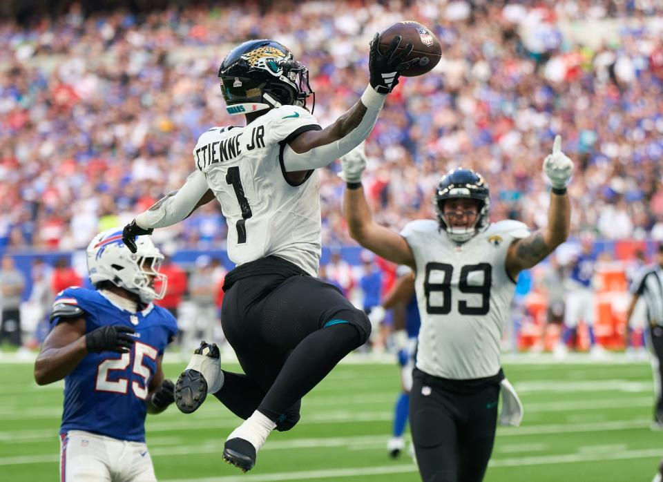 Jaguars running back Travis Etienne racked up 184 total yards and scored a pair of touchdowns in a Week 5 victory over the Bills.