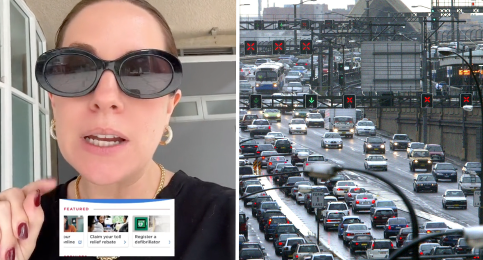 Toll story illustrated with a photo of Sydney driver Hannah next to cars on the Sydney Harbour Bridge paying road tolls