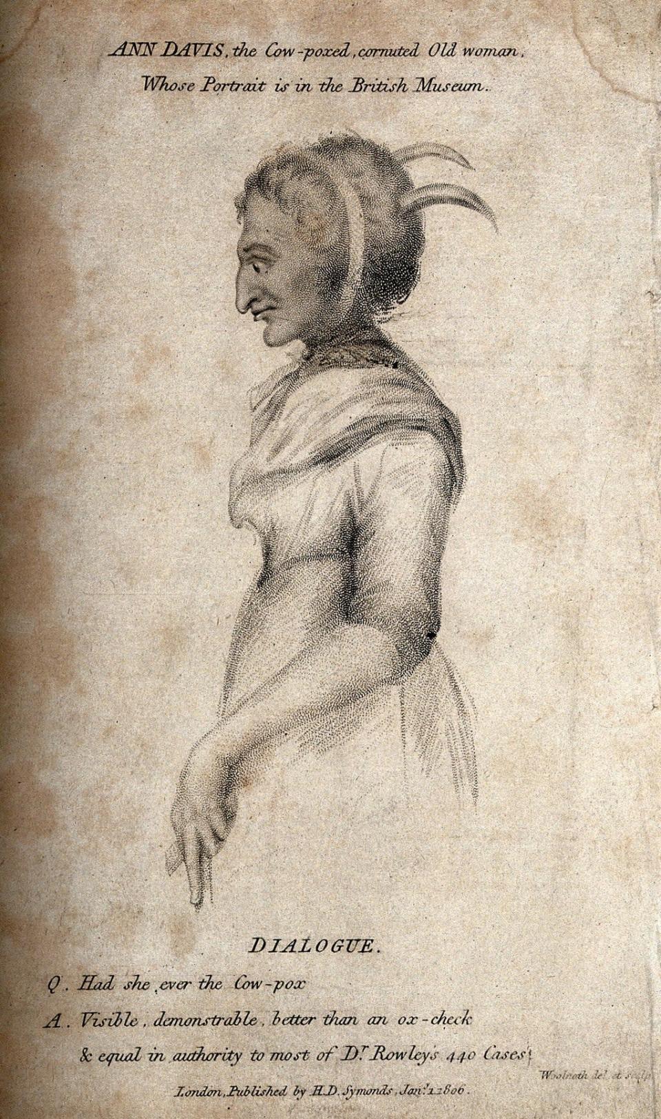 Ann Davis, a sketch of a woman with smallpox and horns growing out of her head, 1806. (Wellcome Library)