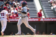 Detroit Tigers' Jonathan Schoop scores on a two-run single by Miguel Cabrera during the fifth inning of a baseball game against the Los Angeles Angels in Anaheim, Calif., Sunday, June 20, 2021. (AP Photo/Kyusung Gong)