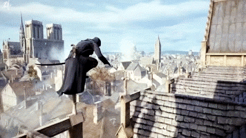 An assassin hopping along the rooftops of Paris in Assassin's Creed Unity