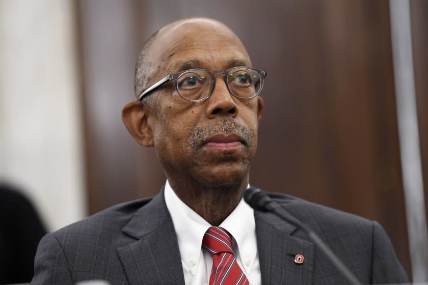 National Collegiate Athletic Association Board of Governors Chairman Dr. Michael Drake testifies before a Senate Commerce Committee hearing on Capitol Hill in Washington, Wednesday, July 1, 2020. The hearing is looking at the National Collegiate Athletic Association Board of Governors' recent report on student-athlete compensation and the modernization of rules related to name, image, and likeness commercialization. (AP Photo/Susan Walsh)