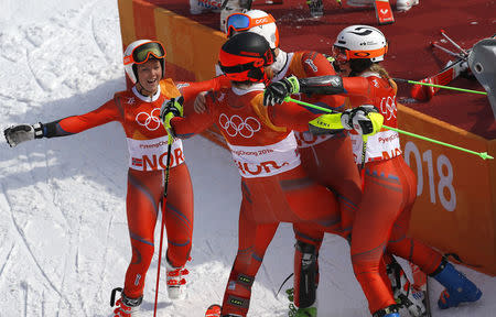 Alpine Skiing - Pyeongchang 2018 Winter Olympics - Team Event - Yongpyong Alpine Centre - Pyeongchang, South Korea - February 24, 2018 - Norway's team celebrates winning bronze. REUTERS/Leonhard Foeger