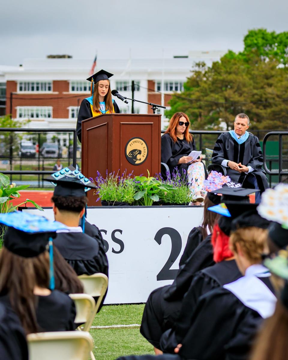 Valedictorian Annie Yaeger presents her essay during the Class of 2022 graduation ceremony at Plymouth South High School on Saturday, June 4, 2022.