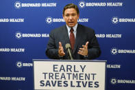 Florida Gov. Ron DeSantis speaks at a news conference, Thursday, Sept. 16, 2021, at the Broward Health Medical Center in Fort Lauderdale, Fla. DeSantis was there to promote the use of monoclonal antibody treatments for those infected with COVID-19. (AP Photo/Wilfredo Lee)