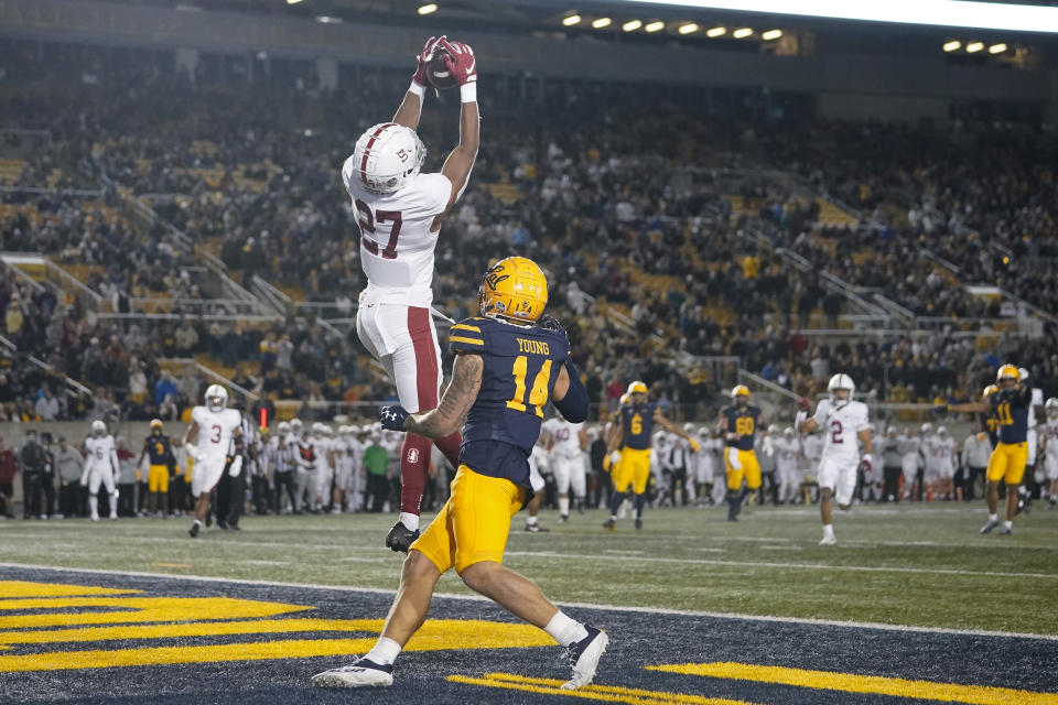 Stanford safety Omari Porter (27) intercepts a pass intended for California wide receiver Monroe Young (14) in the end zone during the second half of an NCAA college football game in Berkeley, Calif., Saturday, Nov. 19, 2022. (AP Photo/Godofredo A. Vásquez)