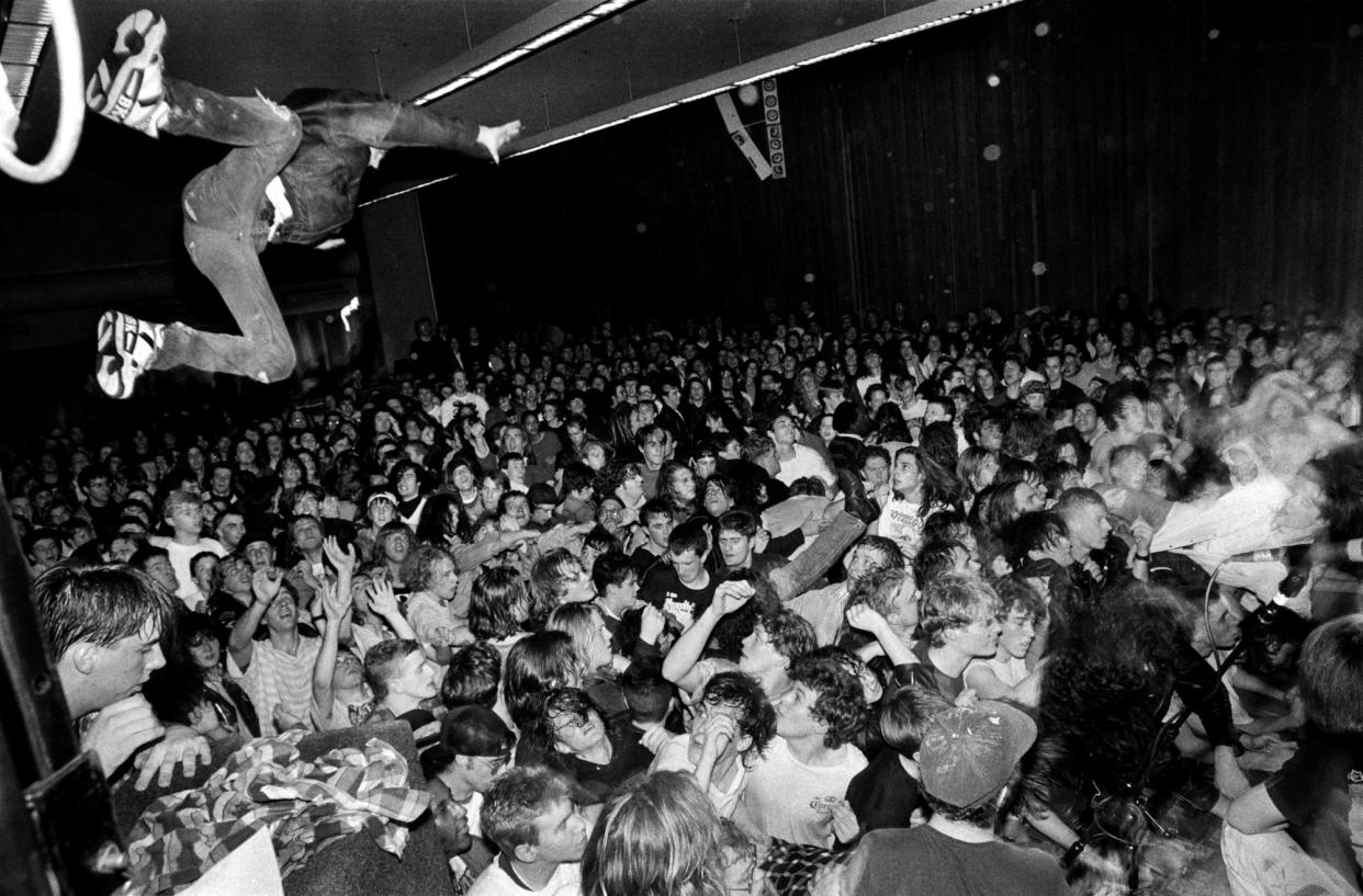 <span>‘I thought he was going to break his neck’ … Nirvana play the University of Washington Hub Ballroom, Seattle, 1990.</span><span>Photograph: Charles Peterson</span>