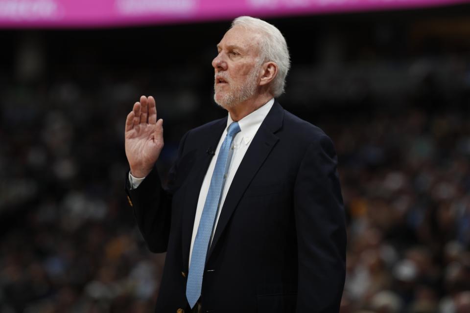 San Antonio Spurs head coach Gregg Popovich in the first half of Game 7 of an NBA basketball first-round playoff series Saturday, April 27, 2019, in Denver. (AP Photo/David Zalubowski)