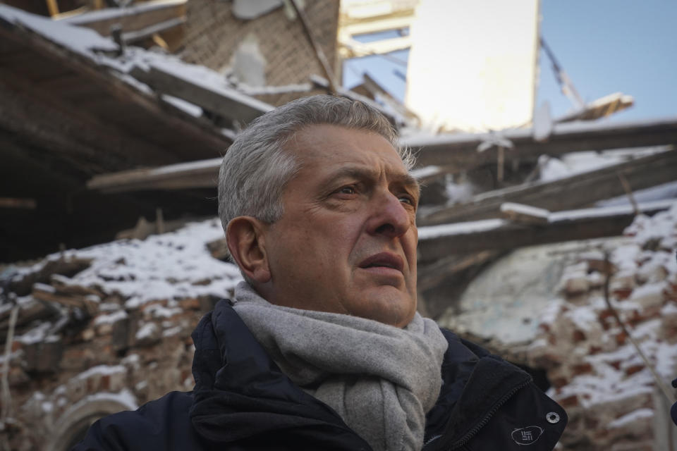 CORRECTS SPELLING OF SURNAME TO GRANDI - United Nations High Commissioner for Refugees Filippo Grandi reacts as he visits sites of recent bombings in Kharkiv, Ukraine, Monday, Jan. 22, 2024. (AP Photo/Andrii Marienko)