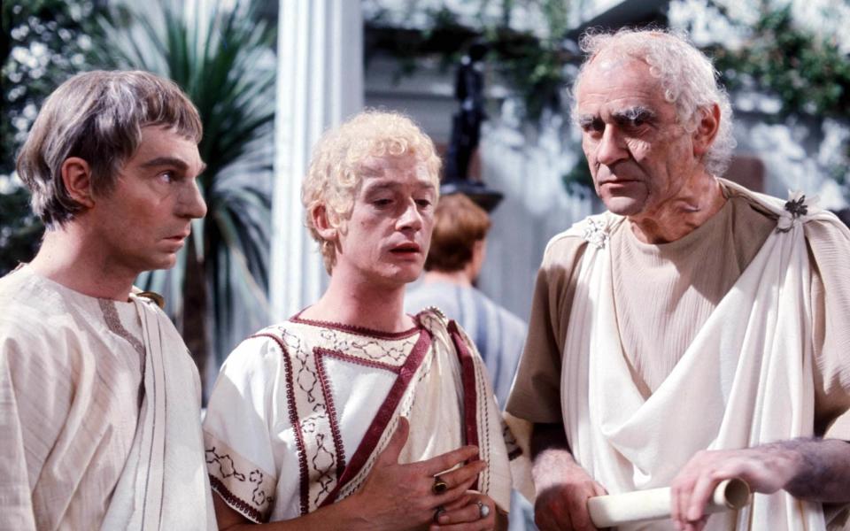 I, Claudius, Betty Willingale's greatest triumph: l-r, Derek Jacobi as Claudius, John Hurt as Caligula and George Baker as Tiberius  - Television Stills