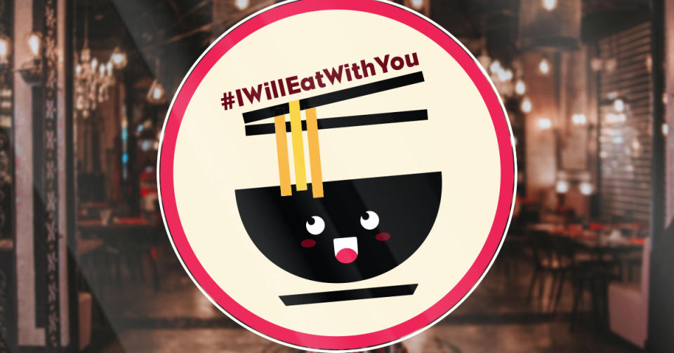 This is the #IWillEatWithYou campaign logo. It is a bowl of noodles with chopsticks. The campaign logo is on top of the chopsticks.