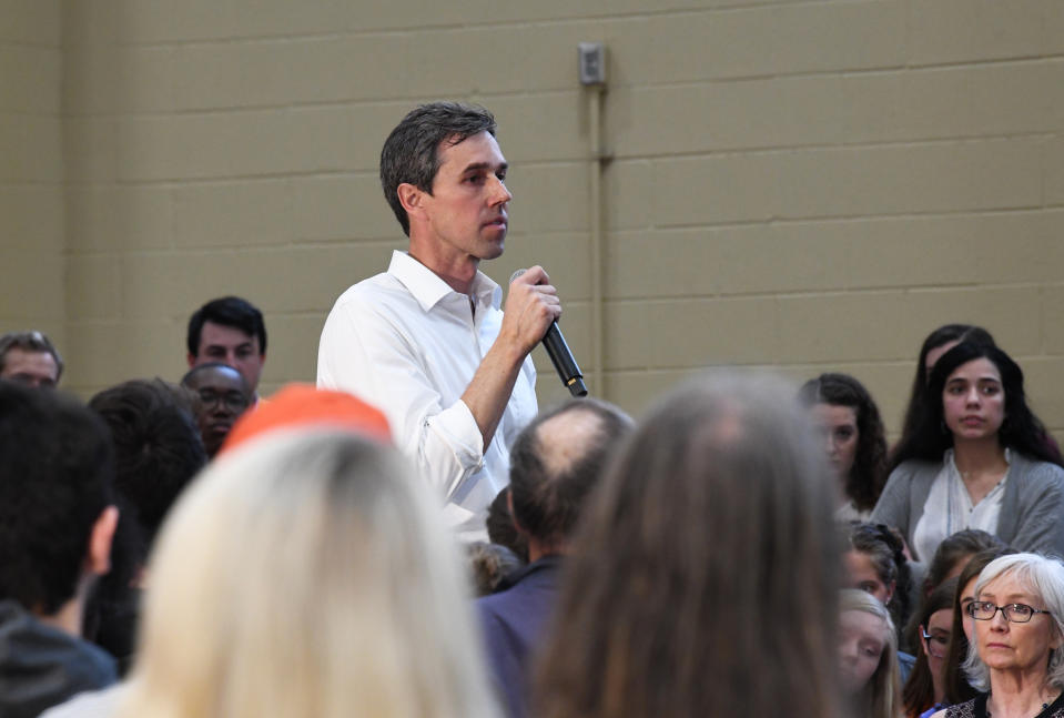 Former Texas Congressman Beto O'Rourke speaks to students at Clemson University in Clemson, S.C., Sunday, April 14, 2019. O'Rourke is wrapping up a three-day tour of South Carolina, which holds the first presidential primary voting in the South. (AP Photo/Meg Kinnard)