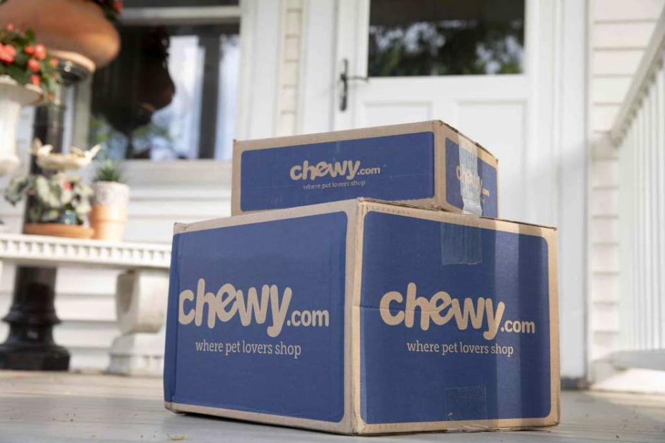 Chewy shipping boxes arranged in Tiskilwa, Illinois, U.S., on Tuesday, June 8, 2021. Chewy Inc. is scheduled to release earnings figures on June 10. Photographer: Daniel Acker/Bloomberg via Getty Images