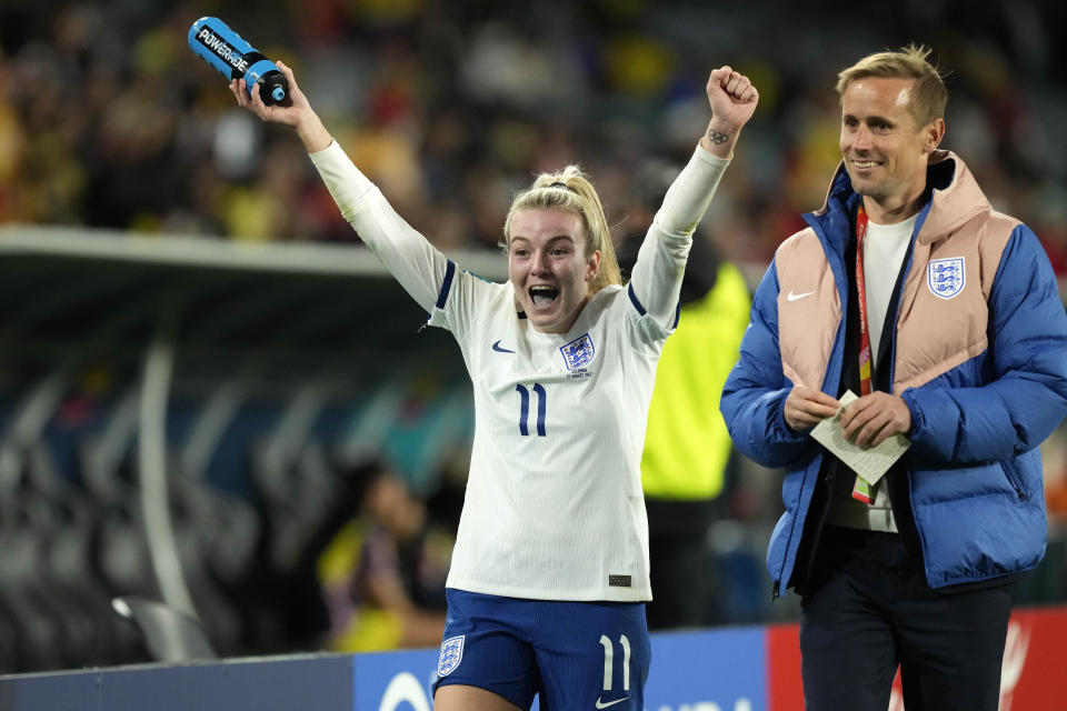 England's Lauren Hemp celebrates after the Women's World Cup quarterfinal soccer match between England and Colombia at Stadium Australia in Sydney, Australia, Saturday, Aug. 12, 2023. (AP Photo/Mark Baker)