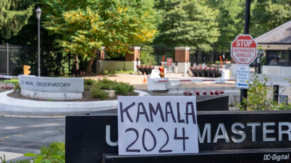 PHOTO: A sign is placed in front of the U.S. Naval Observatory, where Vice President Kamala Harris lives, July 21, 2024, in Washington.  (Alex Brandon/AP)