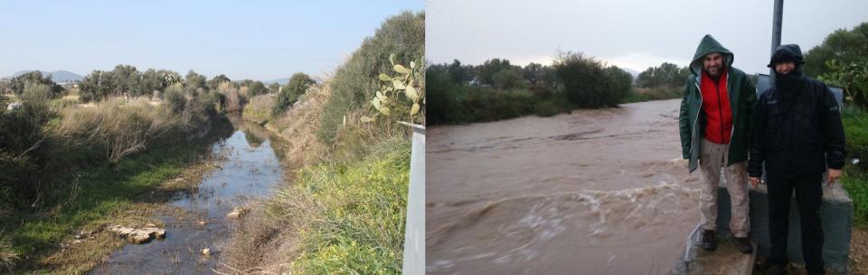 Vista de la estación de aforos de Sa Marjal, en Torrent de Sant Miquel (Mallorca), durante períodos de recesión y posterior fase seca (izquierda, primavera 2017) y crecida (derecha, invierno 2017). Author provided