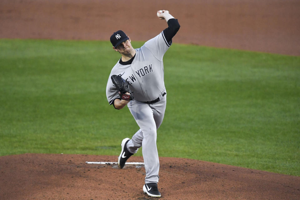 New York Yankees starting pitcher Jordan Montgomery throws to a Toronto Blue Jays batter during the first inning of a baseball game in Buffalo, N.Y., Thursday, Sept. 24, 2020. (AP Photo/Adrian Kraus)