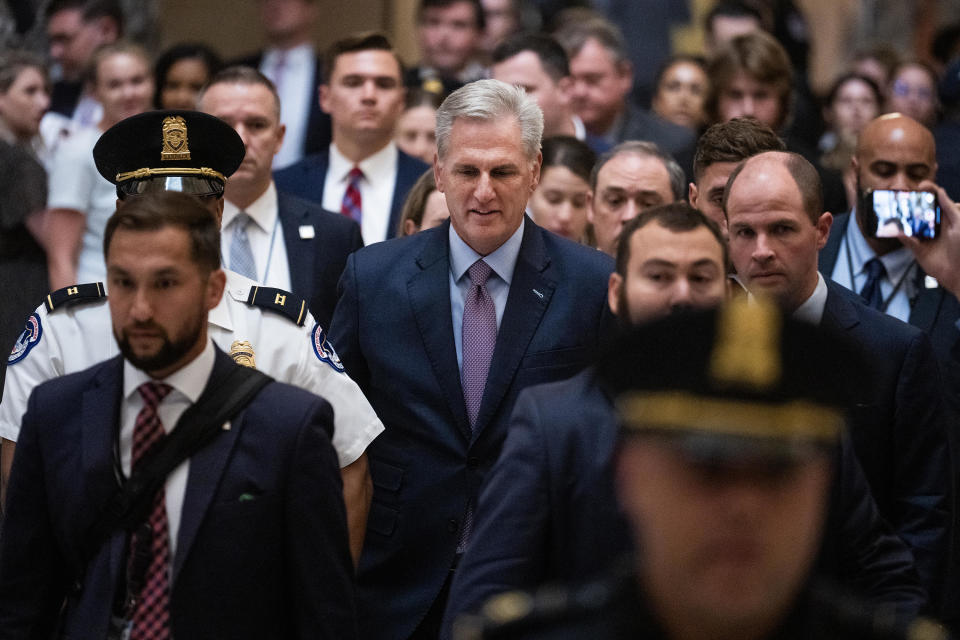GOP Rep. Kevin McCarthy of California is seen in the Capitol after the House voted to remove him as speaker by a vote of 216-210, on Oct. 3, 2023.  / Credit: Tom Williams/CQ-Roll Call, Inc via Getty Images