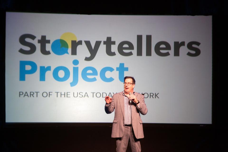 Jeff Clothier performs at the "Growing Up" themed Storytellers event at Hoyt Sherman Place in Des Moines, Tuesday, April 26, 2022.
