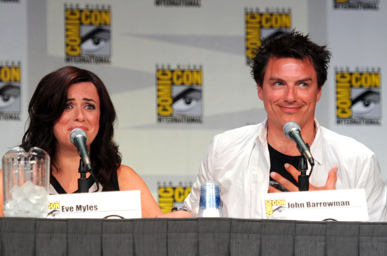 SAN DIEGO, CA - JULY 22:  Actors Eve Myles and John Barrowman speak at Starz 