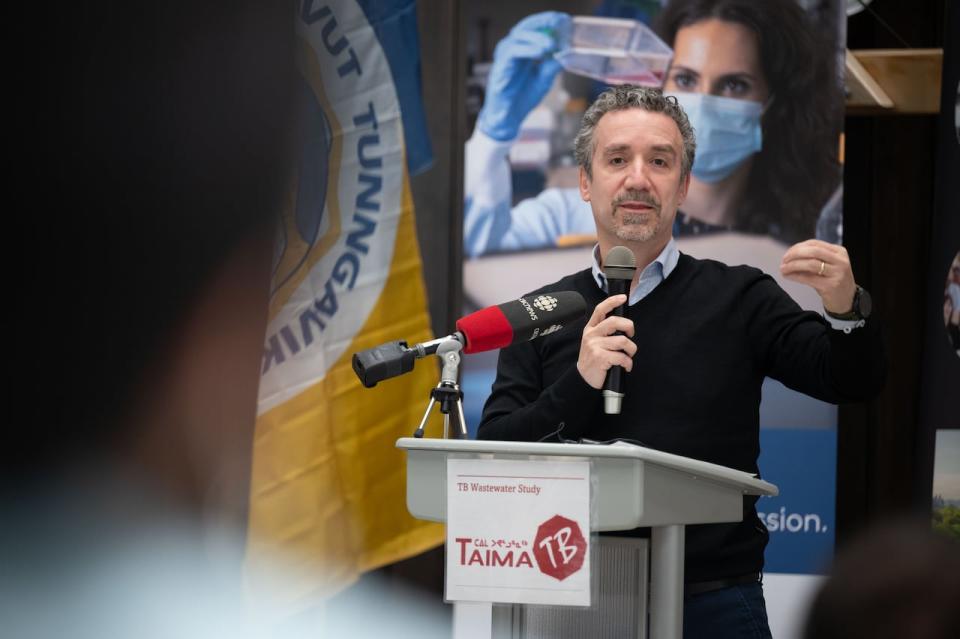 Gonzalo Alvarez, a tuberculosis consultant for the Government of Nunavut, speaks at a news conference about a 5-year project to measure TB bacteria in wastewater in Iqaluit.