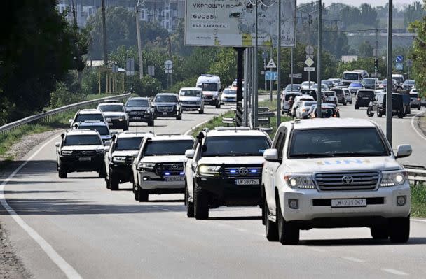 PHOTO: UN vehicles transporting an International Atomic Energy Agency (IAEA) inspection team arrive in Zaporizhzhia, Aug. 31, 2022. (Genya Savilov/AFP via Getty Images)