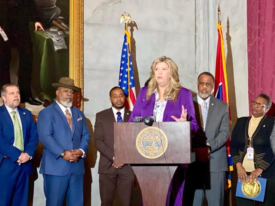Rep. Gloria Johnson, D-Knoxville, outlines her legislative priorities for the year during a news conference at the Tennessee State Capitol on Jan. 30, 2024.