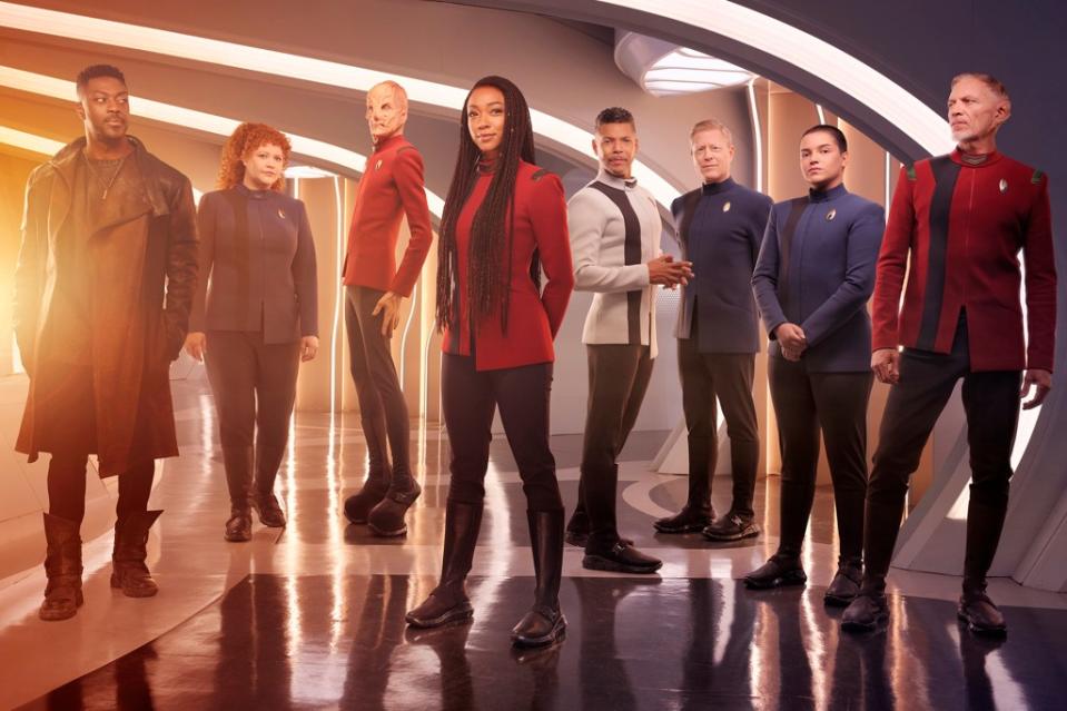 The “Star Trek: Discovery” cast includes, from left: David Ajala as Book, Mary Wiseman as Tilly, the towering Doug Jones as Saru, Sonequa Martin-Green as Burnham, Wilson Cruz as Culber, Anthony Rapp as Stamets, Blu Del Barrio as Adira and Callum Keith Rennie as Raynor. James Dimmock/Paramount+