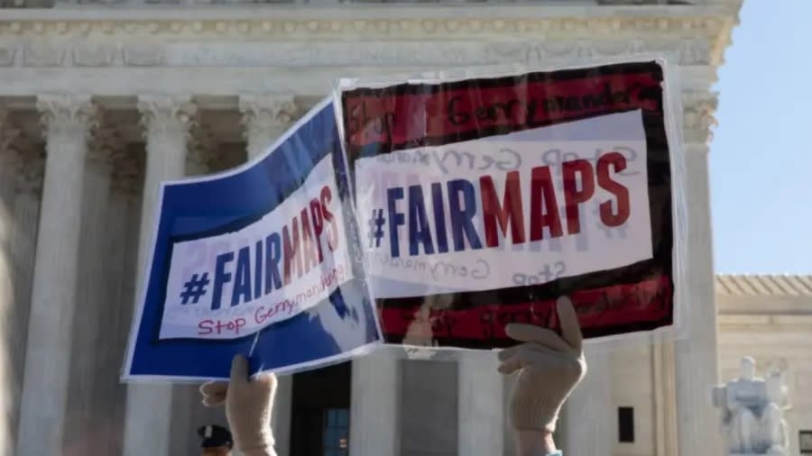 Several states are in court battles over accusations of racial gerrymandering. Voting districts were the subject of a March 2019 demonstration outside the Supreme Court, above, where protesters held signs urging an end to gerrymandering. (Photo by Aurora Samperio/NurPhoto via Getty Images)