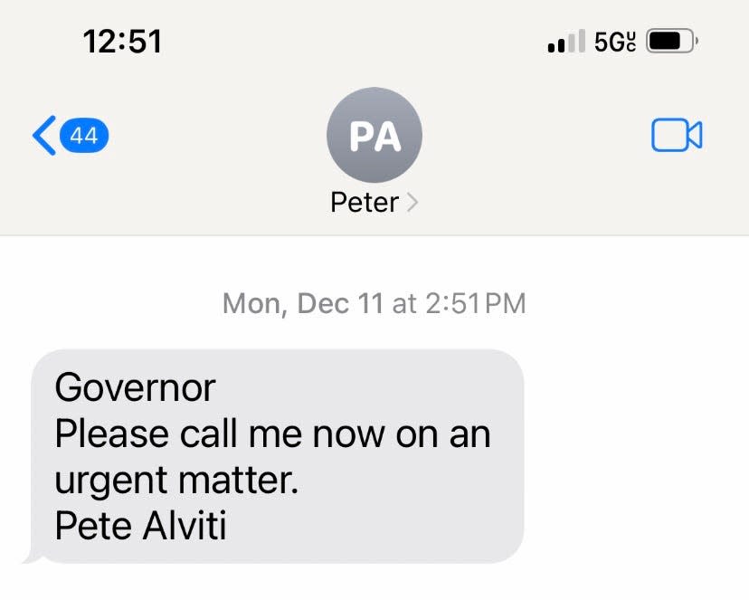 A screenshot of a text message provided by the governor's office showing the first time Gov. Dan McKee was notified about the issues with the Washington Bridge and the decision to close it to traffic. The bridge was closed hours later, at 5 p.m.